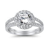 Halo Split Shank Engagement Ring Round Simulated CZ 925 Sterling Silver