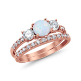 3-Stone Wedding Piece Bridal Ring Rose Tone, Lab Created White Opal 925 Sterling Silver