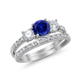 3-Stone Wedding Bridal Set Ring Round Simulated Blue Sapphire Cubic Zirconia 925 Sterling Silver
