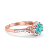 Floral Art Deco Engagement Ring Rose Tone, Simulated Paraiba Tourmaline CZ 925 Sterling Silver