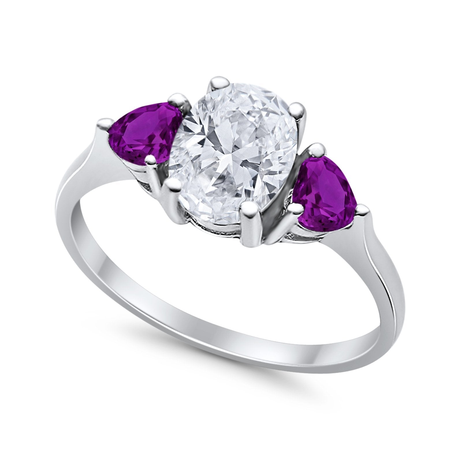 Fashion Promise Ring 3-Stone Oval Simulated Amethyst CZ 925 Sterling Silver
