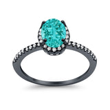 Halo Fashion Ring Oval Black Tone, Simulated Paraiba Tourmaline CZ Accent 925 Sterling Silver