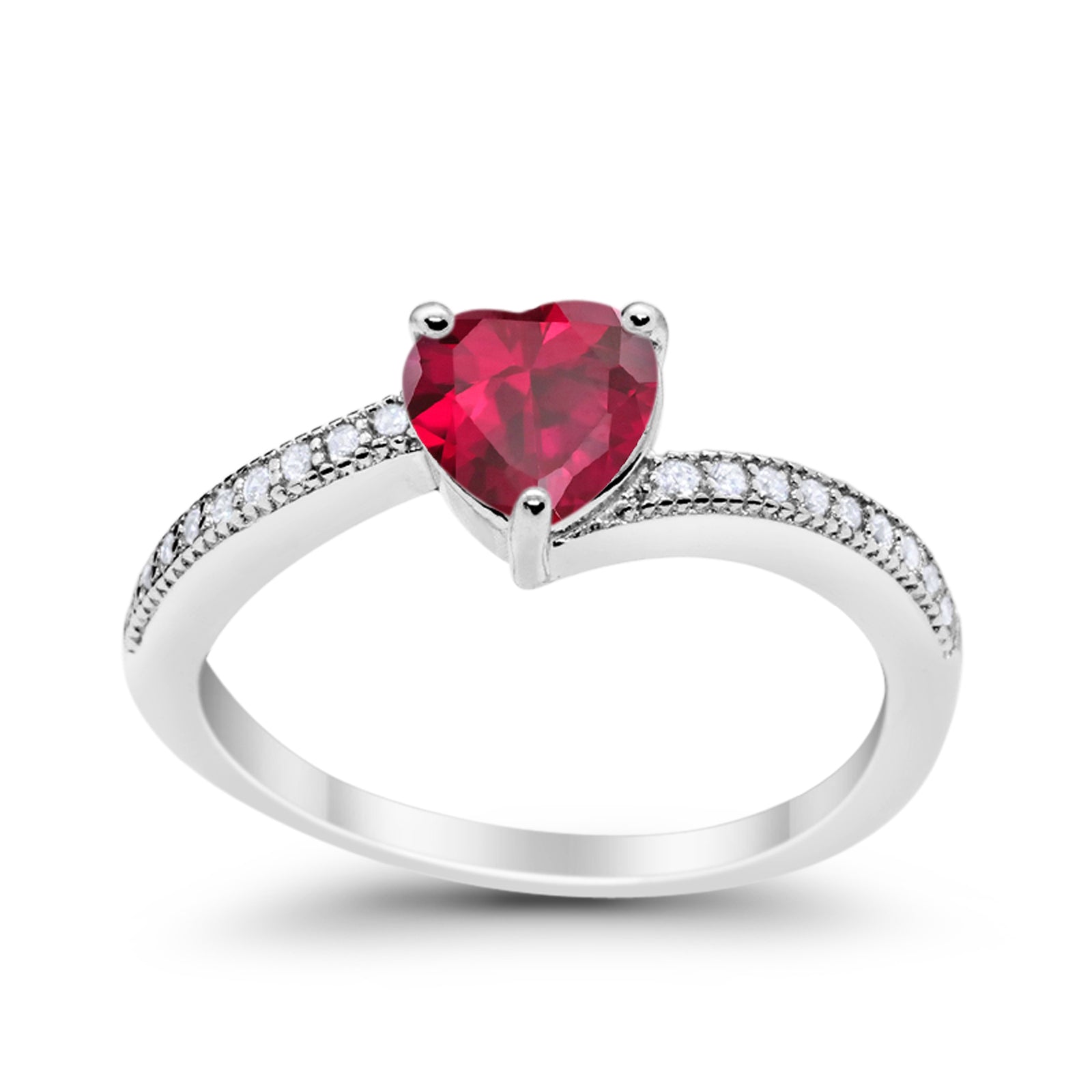 Heart Promise Ring Round Simulated Ruby CZ 925 Sterling Silver