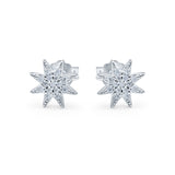 14K White Gold Round Simulated Cubic Zirconia Trendy Starburst Stud Earrings