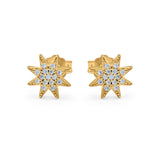 14K Yellow Gold Round Simulated Cubic Zirconia Trendy Starburst Stud Earrings