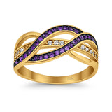 14K Two Tone Simulated Amethyst CZ Round Half Eternity Weave Knot Ring Wedding Engagement Band Size 7