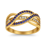 14K Yellow Gold Round Half Eternity Weave Knot Simulated Blue Sapphire CZ Wedding Engagement Ring Size 7