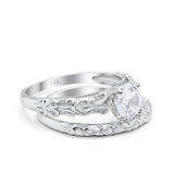 14K White Gold Art Deco Round Two Piece Bridal Set Ring Engagement Band Simulated CZ Size 7