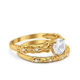 14K Yellow Gold Art Deco Round Two Piece Bridal Set Ring Engagement Band Simulated CZ Size 7
