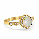 14K Yellow Gold Round Natural White Opal 0.16ct G SI Diamond Engagement Ring Size 6.5