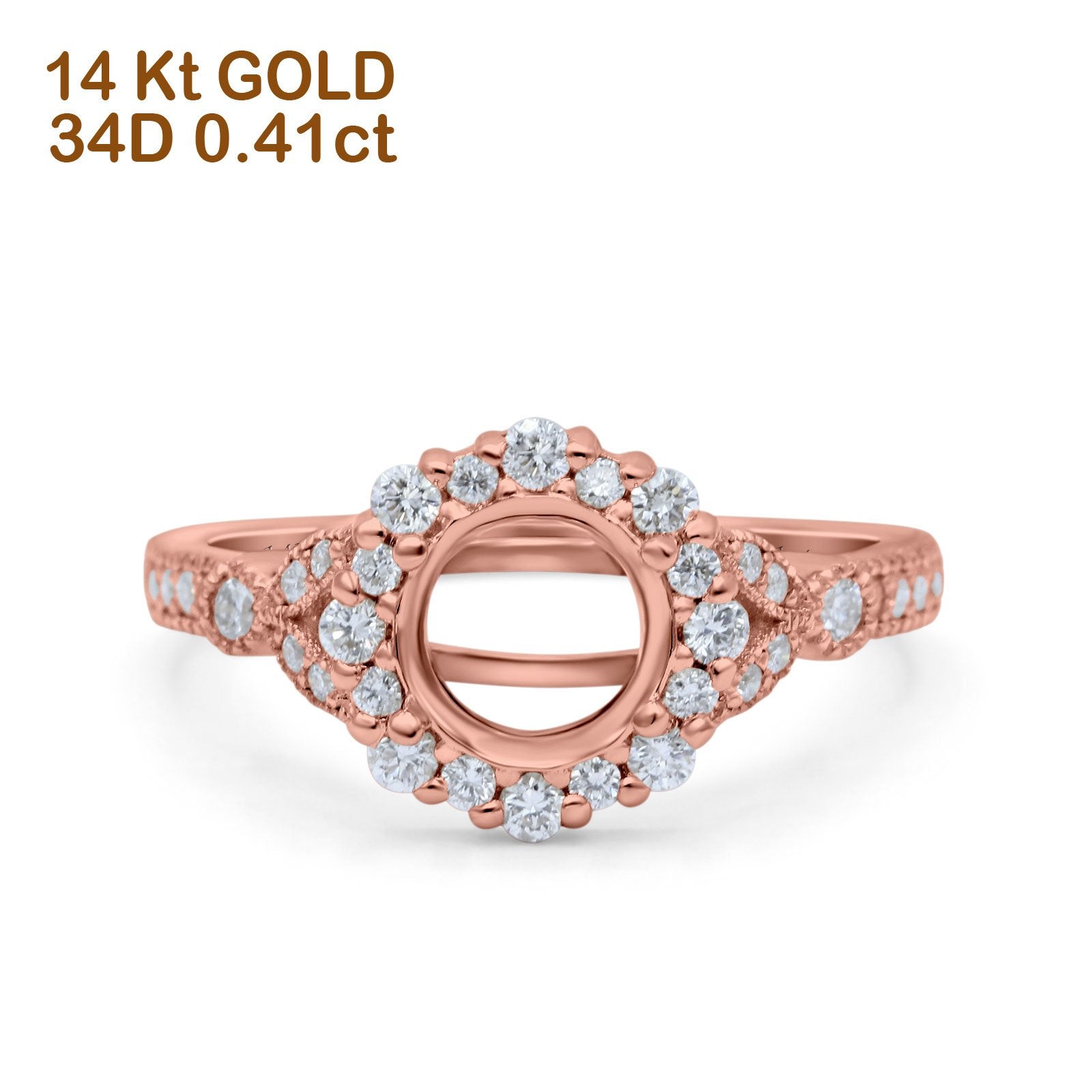 14K Rose Gold 0.41ct Floral Art Deco Round 6mm G SI Semi Mount Diamond Engagement Wedding Ring