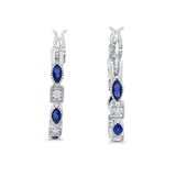 14K White Gold Art Deco Hoop Earrings Marquise Round Simulated Blue Sapphire CZ