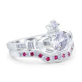 14K White Gold Claddagh Accent Heart Wedding Bridal Set Piece Ruby Simulated Cubic Zirconia Wedding Ring