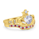 14K Yellow Gold Claddagh Accent Heart Wedding Bridal Set Piece Ruby Simulated Cubic Zirconia Wedding Ring