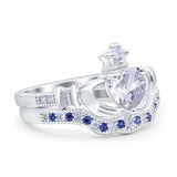 14K White Gold Claddagh Accent Heart Wedding Bridal Set Piece Blue Sapphire Simulated Cubic Zirconia Wedding Ring