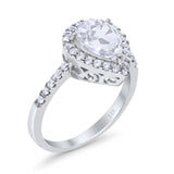 14K White Gold Halo Teardrop Bridal Filigree Ring Simulated Cubic Zirconia