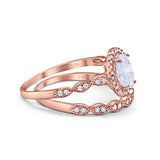 14K Rose Gold Halo Bridal Set Piece Oval Engagement Wedding Ring Simulated CZ Size-7