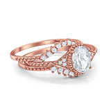 14K Rose Gold Three Piece Art Deco Bridal Set Band Oval Engagement Wedding Ring Simulated CZ Size-7