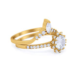 14K Yellow Gold Two Piece Art Deco Bridal Set Ring Band Round Engagement Piece Simulated CZ Size-7