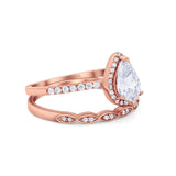 14K Rose Gold Pear Art Deco Teardrop Bridal Set Ring Band Engagement Piece Simulated CZ Size-7