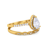 14K Yellow Gold Pear Art Deco Teardrop Bridal Set Ring Band Engagement Piece Simulated CZ Size-7