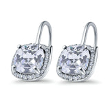 14K White Gold Cushion Halo Leverback Earrings Round Cubic Zirconia