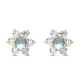 14K Yellow Gold Simulated Aquamarine CZ Flower Stud Earrings with Screw Back, Best Anniversary Birthday Gift for Her