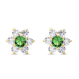 14K Yellow Gold Simulated Green Emerald CZ Flower Stud Earrings with Screw Back, Best Anniversary Birthday Gift for Her