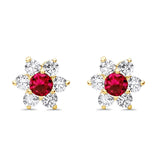 14K Yellow Gold Simulated Ruby CZ Flower Stud Earrings with Screw Back, Best Anniversary Birthday Gift for Her
