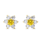14K Yellow Gold Simulated Yellow CZ Flower Stud Earrings with Screw Back, Best Anniversary Birthday Gift for Her