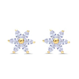 Solid 14K Yellow Gold Flower Stud Earrings Simulated Cubic Zirconia With Screw Back