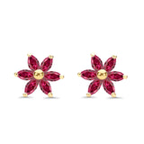 Solid 14K Yellow Gold Flower Stud Earrings Simulated Ruby CZ With Screw Back
