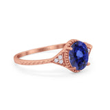 14K Rose Gold 1.26ct Oval Art Deco 8mmx6mm G SI Lab Blue Sapphire Diamond Engagement Wedding Ring Size 6.5