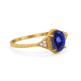 14K Yellow Gold 1.26ct Oval Art Deco 8mmx6mm G SI Lab Blue Sapphire Diamond Engagement Wedding Ring Size 6.5