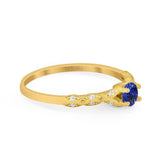 14K Yellow Gold 0.33ct Round Petite Dainty Art Deco 4mm G SI Lab Blue Sapphire Diamond Engagement Wedding Ring Size 6.5