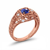 14K Rose Gold 0.15ct Round Antique Style 5mm G SI Lab Blue Sapphire Diamond Engagement Wedding Ring Size 6.5