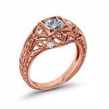 14K Rose Gold 0.15ct Round Antique Style 5mm G SI Natural Aquamarine Diamond Engagement Wedding Ring Size 6.5