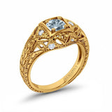 14K Yellow Gold 0.15ct Round Antique Style 5mm G SI Natural Aquamarine Diamond Engagement Wedding Ring Size 6.5