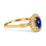 14K Yellow Gold 0.9ct Oval 7mmx5mm G SI Nano Blue Sapphire Diamond Engagement Wedding Ring Size 6.5