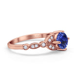 14K Rose Gold 0.96ct Round Art Deco 6mm G SI Nano Blue Sapphire Diamond Engagement Wedding Ring Size 6.5