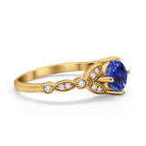 14K Yellow Gold 0.96ct Round Art Deco 6mm G SI Nano Blue Sapphire Diamond Engagement Wedding Ring Size 6.5