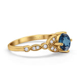 14K Yellow Gold 0.96ct Round Art Deco 6mm G SI London Blue Topaz Diamond Engagement Wedding Ring Size 6.5