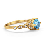 14K Yellow Gold 0.96ct Round Art Deco 6mm G SI Natural Blue Topaz Diamond Engagement Wedding Ring Size 6.5