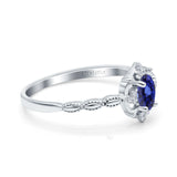 14K White Gold 0.5ct Oval Vintage Floral 6mmx4mm G SI Nano Blue Sapphire Diamond Engagement Wedding Ring Size 6.5