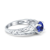 14K White Gold 1.11ct Round Art Deco Filigree 6.5mm G SI Nano Blue Sapphire Diamond Engagement Wedding Ring Size 6.5