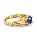 14K Yellow Gold 1.11ct Round Art Deco Filigree 6.5mm G SI Nano Blue Sapphire Diamond Engagement Wedding Ring Size 6.5