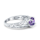 14K White Gold 1.11ct Round Art Deco Filigree 6.5mm G SI Natural Amethyst Diamond Engagement Wedding Ring Size 6.5