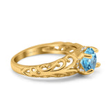 14K Yellow Gold 1.11ct Round Art Deco Filigree 6.5mm G SI Natural Blue Topaz Diamond Engagement Wedding Ring Size 6.5