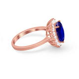 Halo Floral Oval Engagement Bridal Ring Rose Tone, Simulated Blue Sapphire CZ 925 Sterling Silver