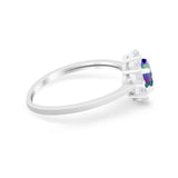 Halo Floral Wedding Ring Round Simulated Rainbow CZ 925 Sterling Silver